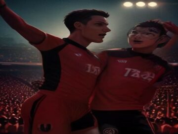 Comic-Illustration: Fußballer jubeln im Stadion